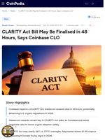 CLARITY Act Bill May Be Finalised in 48 Hours, Says Coinbase CLO