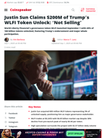 Justin Sun Claims $200M of Trump's WLFI Token Unlock: 'Not Selling' - Coinspeaker