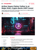 Arthur Hayes Claims Tether Is at Major Risk, Crypto Backs USDT Issuer - Coinspeaker