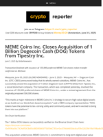 MEME Coins Inc. Closes Acquisition of 1 Billion Dogecoin Cash (DOG) Tokens from Tipestry Inc.