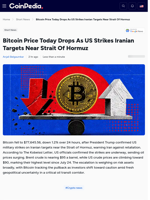 Bitcoin Price Today Drops As US Strikes Iranian Targets Near Strait Of Hormuz
