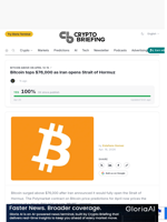 Bitcoin tops $76,000 as Iran opens Strait of Hormuz