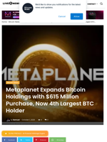Metaplanet Expands Bitcoin Holdings with $615 Million Purchase, Now 4th Largest BTC Holder | Live Bitcoin News