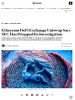Ethereum DeFi Exchange Uniswap Says SEC Has Dropped Its Investigation - Decrypt