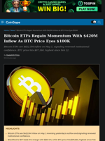 Bitcoin ETFs Regain Momentum With $420M Inflow As BTC Price Eyes $100K