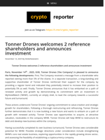 Tonner Drones welcomes 2 reference shareholders and announces investment