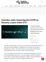 Hashdex adds Hyperliquid's HYPE to Nasdaq crypto index ETF