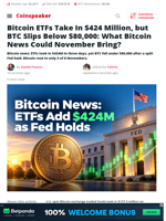 Bitcoin News: ETFs Add $424M as Fed Holds; November Ahead