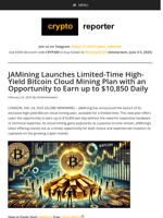 JAMining Launches Limited-Time High-Yield Bitcoin Cloud Mining Plan with an Opportunity to Earn up to $10,850 Daily