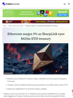 Ethereum surges 5% as SharpLink eyes $425m ETH treasury - CoinJournal