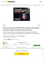 BTC price hits April lows while AI tokens surge, exposing a split in the crypto market