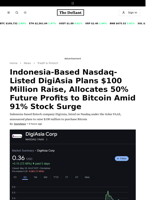 Indonesia-Based Nasdaq-Listed DigiAsia Plans $100 Million Raise, Allocates 50% Future Profits to Bitcoin Amid 91% Stock Surge - 