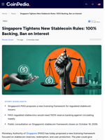 Singapore Tighten Stablecoin Rule: 100% Backing, Ban on Interest