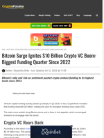 Bitcoin Surge Ignites $10 Billion Crypto VC Boom: Biggest Funding Quarter Since 2022