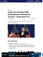 Justin Sun-backed SRM Entertainment rebrands to Tron Inc., stock pops 57%