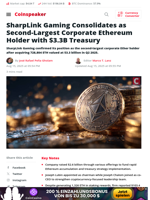 SharpLink Gaming Consolidates as Second-Largest Corporate Ethereum Holder with $3.3B Treasury - Coinspeaker