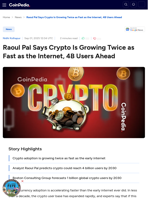 Raoul Pal Says Crypto Is Growing Twice as Fast as the Internet, 4B Users Ahead