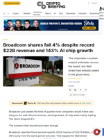 Broadcom shares fall 4% despite record $22B revenue and 143% AI chip growth