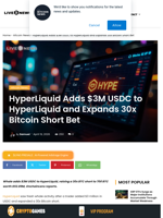 HyperLiquid Whale Adds $3M to 30x BTC Short