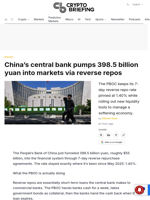 China's central bank pumps 398.5 billion yuan into markets via reverse repos