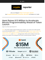 Hemi Raises $15 Million to Accelerate Bitcoin Programmability Ahead of Token Launch