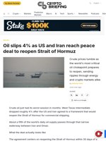 Oil slips 4% as US and Iran reach peace deal to reopen Strait of Hormuz