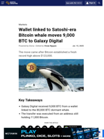 Wallet linked to Satoshi-era Bitcoin whale moves 9,000 BTC to Galaxy Digital
