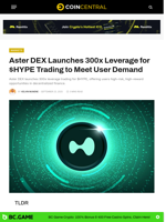 Aster DEX Launches 300x Leverage for $HYPE Trading to Meet User Demand