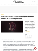 Claude Fable 5.1 tops Intelligence Index, costs 20% more per task