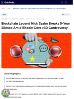 Blockchain Legend Nick Szabo Breaks 5-Year Silence Amid Bitcoin Core v30 Controversy