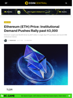Ethereum (ETH) Price: Institutional Demand Pushes Rally past $3,000 - CoinCentral
