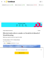 Bitcoin (BTC) price holds above a make-or-break level before Warsh confirmation hearing