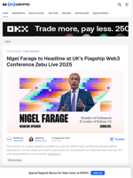 Nigel Farage to Headline UK’s Zebu Live 2025 Crypto Summit