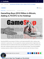 GameStop Buys $512 Million in Bitcoin, Adding 4,710 BTC to Its Holdings