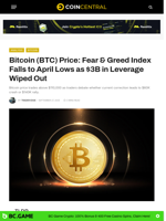 Bitcoin (BTC) Price: Fear & Greed Index Falls to April Lows as $3B in Leverage Wiped Out - CoinCentral