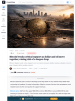 Bitcoin breaks critical support as dollar and oil move together, raising risk of a deeper drop