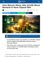 Solo Bitcoin Miner Hits $210K Block Reward in Rare CKpool Win – Crypto News Flash