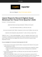Upexi Reports Record Digital Asset Revenue for Fiscal First Quarter 2026