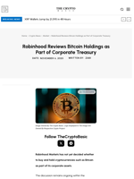 Robinhood Reviews Bitcoin Holdings as Part of Corporate Treasury