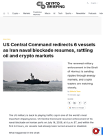 US Central Command redirects 6 vessels as Iran naval blockade resumes, rattling oil and crypto markets