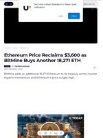 Ethereum Price Reclaims $3,600 as BitMine Buys Another 18,271 ETH - U.Today