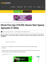 Bitcoin Price Tops $116,000, Massive Short Squueze Approaches $1 Billion