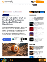 Bitcoin Falls Below $92K as Sunday Selloff Unleashes Hundreds of Millions in Liquidations – Markets and Prices Bitcoin News