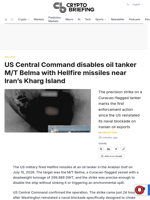 US Central Command disables oil tanker M/T Belma with Hellfire missiles near Iran's Kharg Island