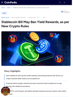Stablecoin Bill May Ban Yield Rewards, as per New Crypto Rules