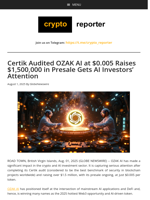 Certik Audited OZAK AI at $0.005 Raises $1,500,000 in Presale Gets AI Investors' Attention