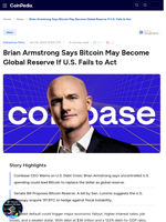 Brian Armstrong Says Bitcoin May Become Global Reserve If U.S. Fails to Act
