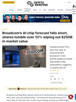 Broadcom's AI chip forecast falls short, shares tumble over 13% wiping out $250B in market value
