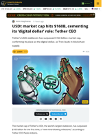 USDt Market Cap Hits $160 Billion, Cementing Role as Digital Dollar