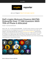 DeFi crypto Mutuum Finance (MUTM) Onboards Over 17,300 Investors With 70% of Phase 6 Allocated